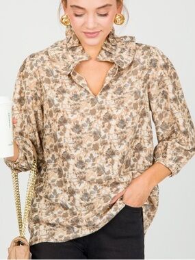 Anthropologie First Love Longsleeve Mock Neck Satin Blouse Floral Camouflage